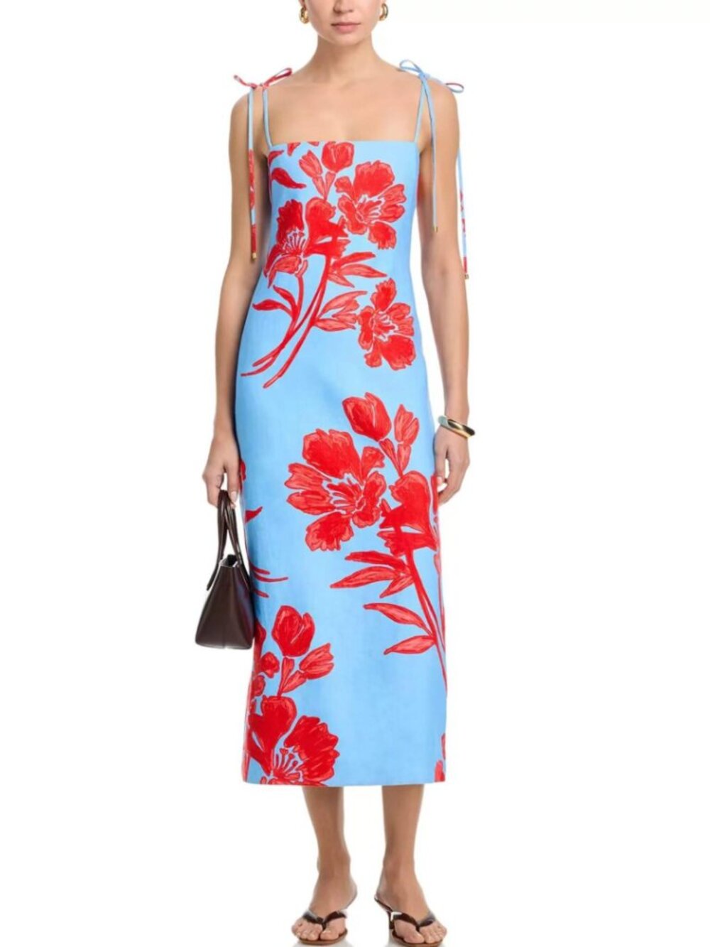 Cara Cara Sky Blue Midi Dress with Bold Red Floral Print - Picture 5 of 12